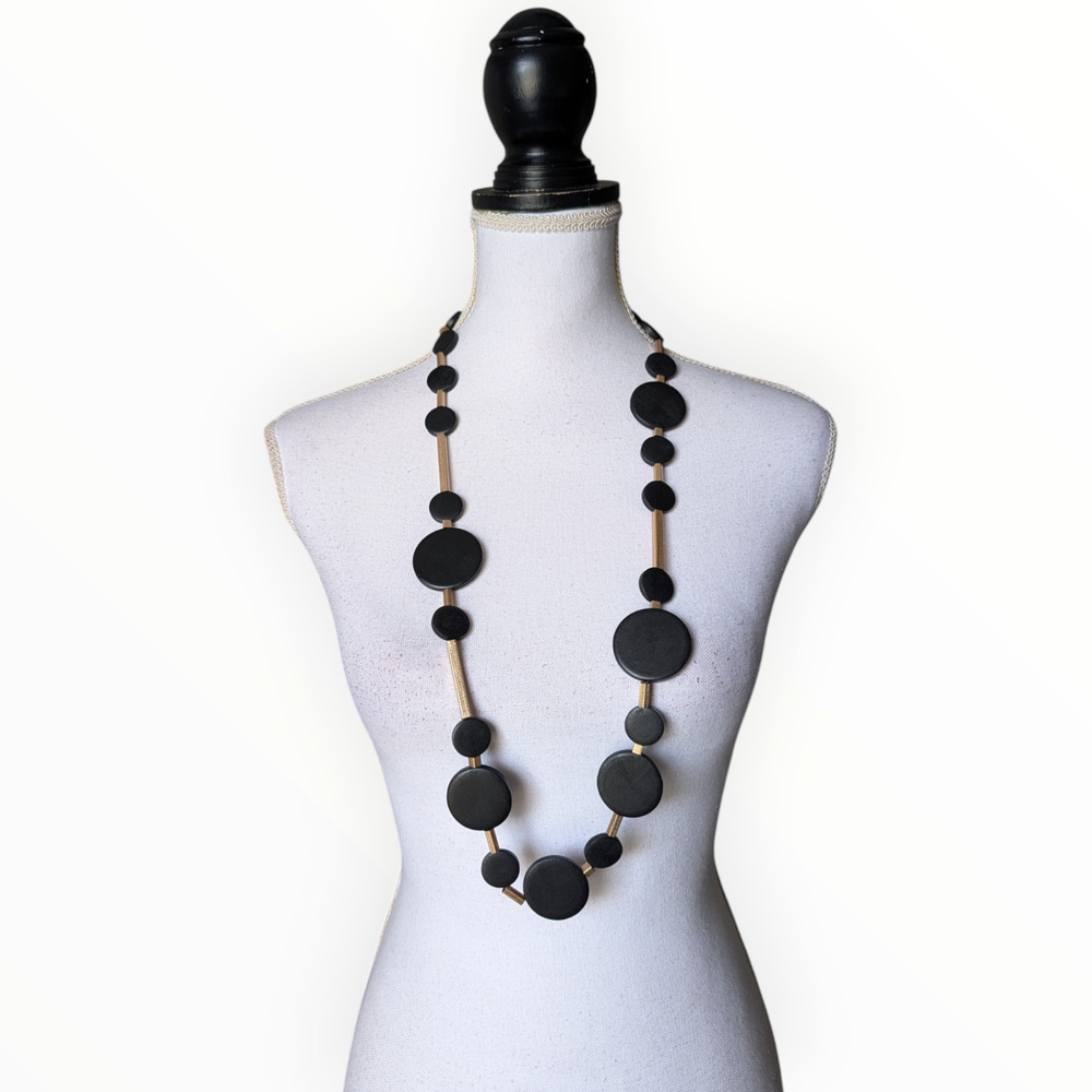 Wrapsody Black Gold Chunky Wood Long Necklace New Circle Polka Dot Pop Art